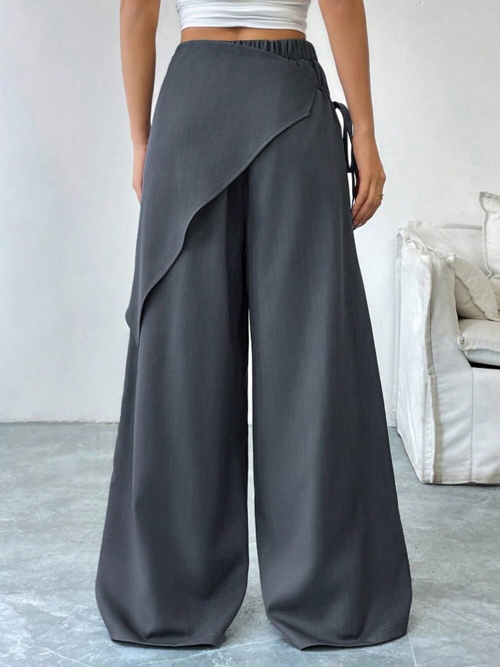Dark Grey Casual Women's Lace-Up Wide-Leg Pants - Picture 2 of 7